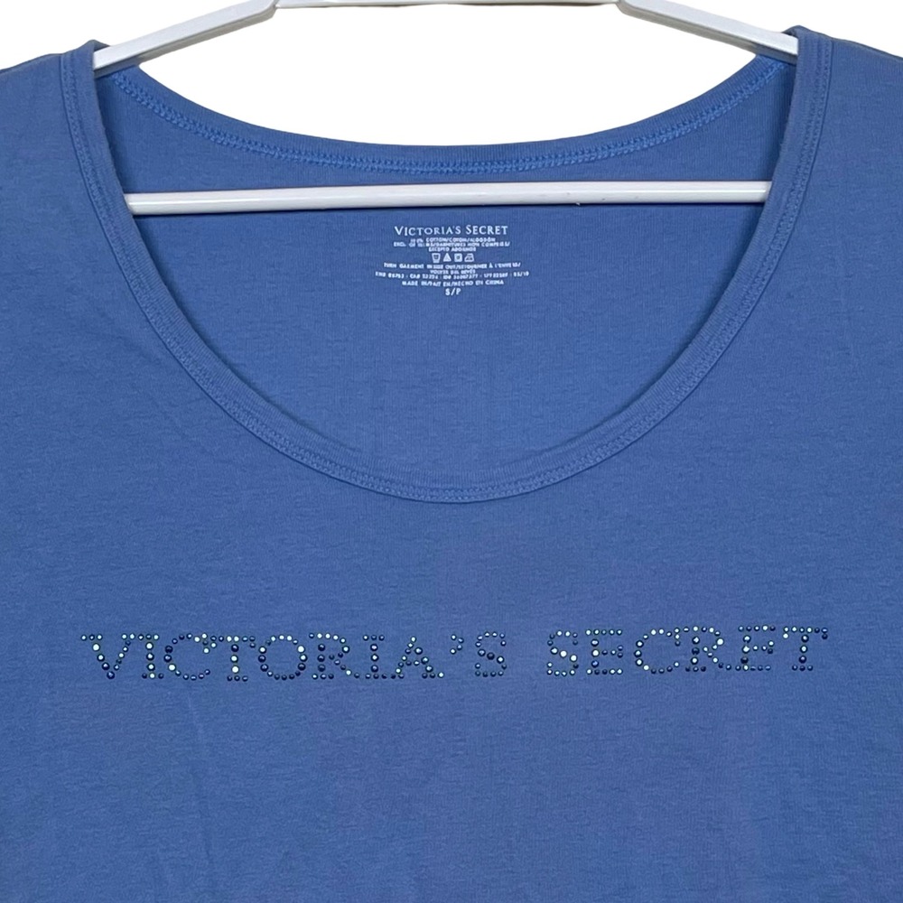 Vtg Victoria's Secret Blue Baby Tee Shirt Rhinestone Logo Womens S Y2K Bling